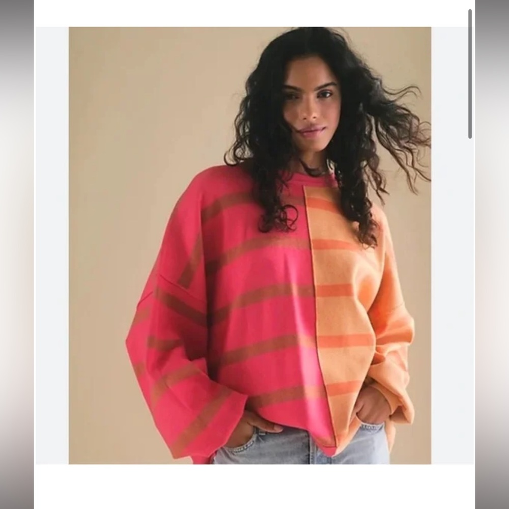 Free People Uptown Stripe Pullover Strawberry Sunset size Small